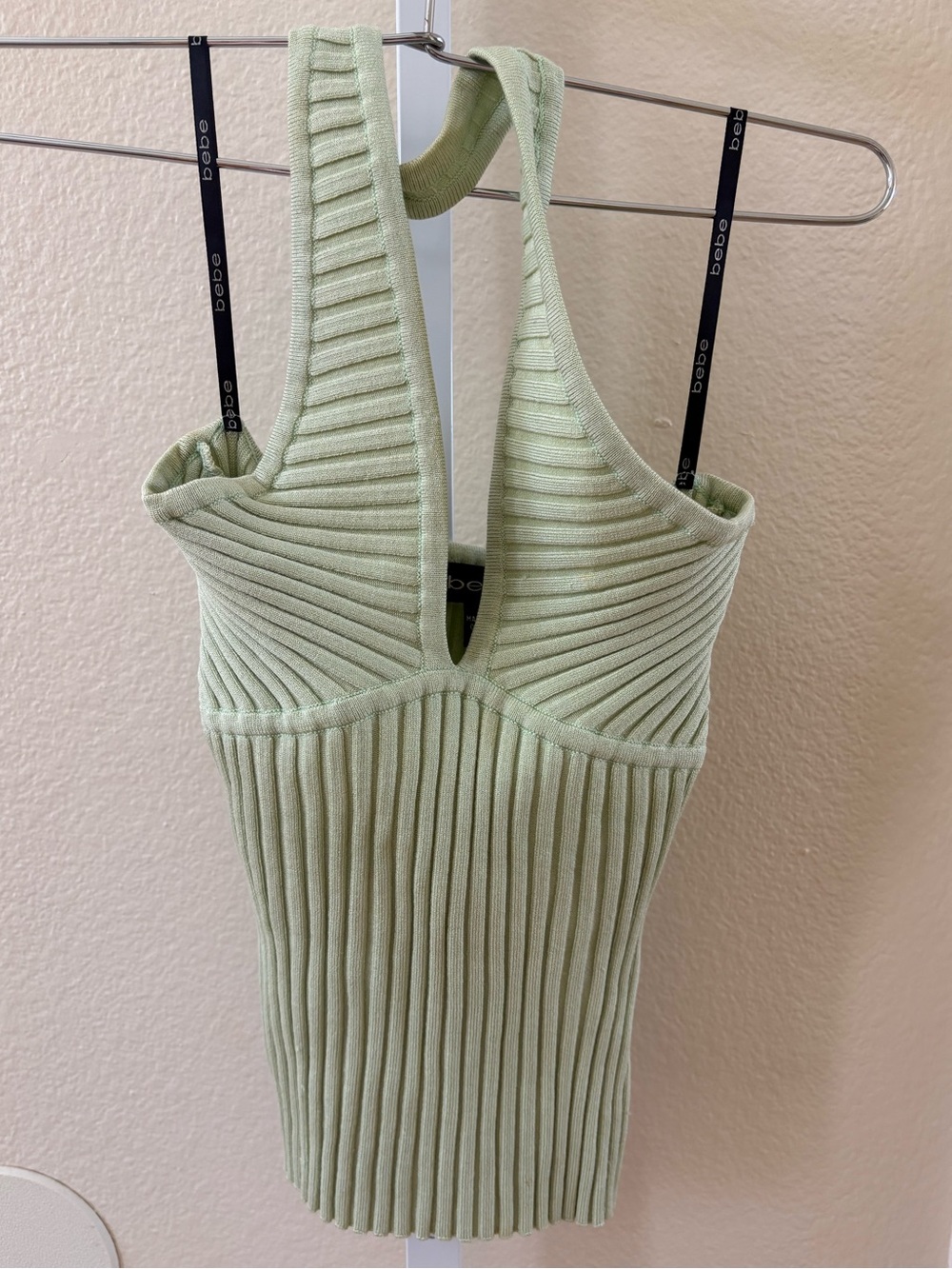 Bebe Silk Keyhole Ribbed Halter Top in Light Green - Size S
